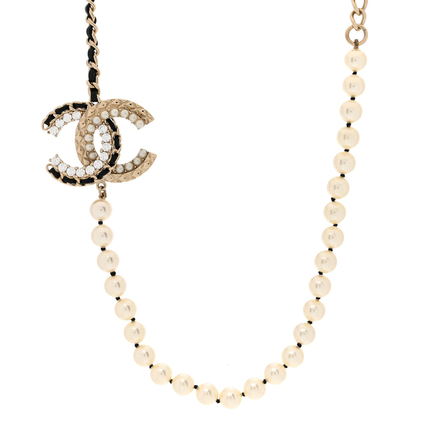 Lambskin Pearl Crystal CC Short Necklace Gold White Black