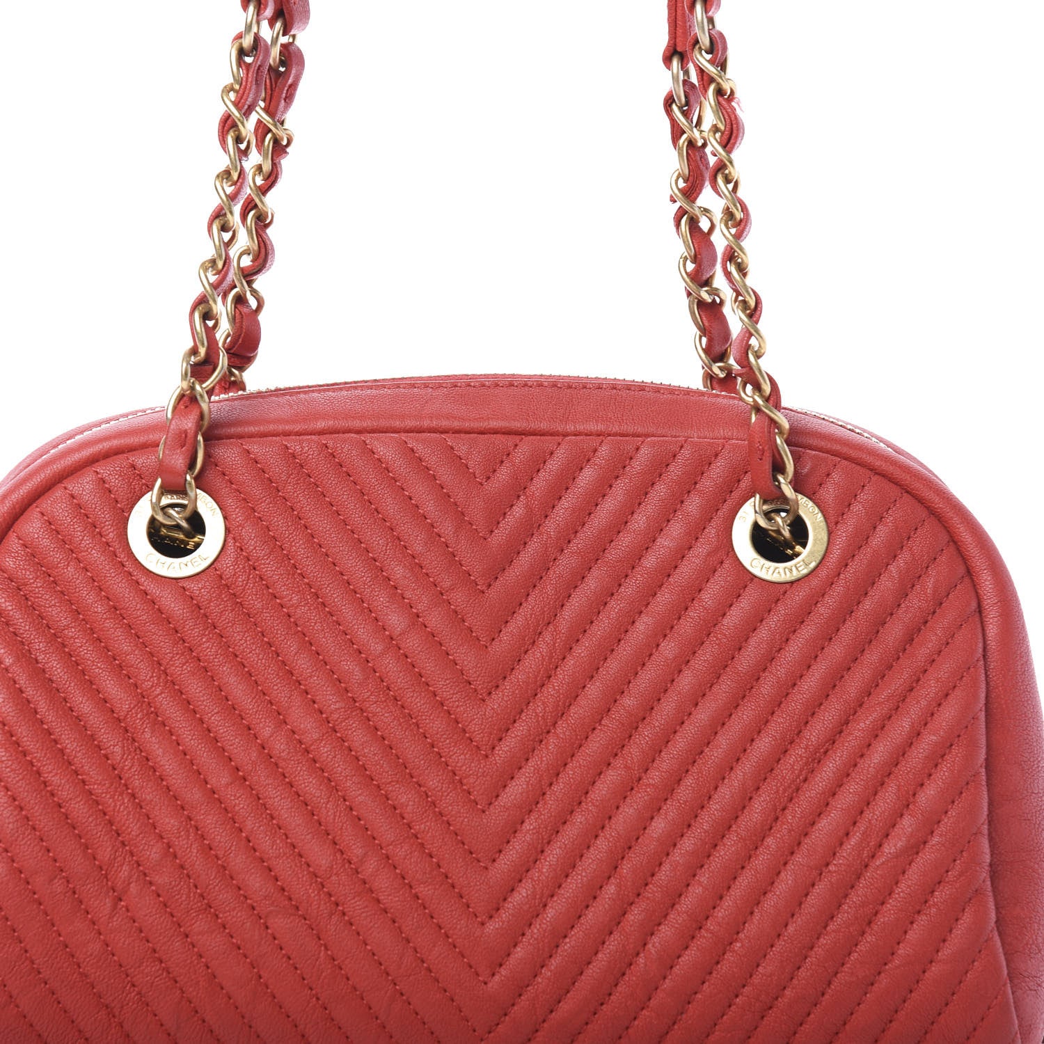 Chanel Wrinkled Lambskin Chevron Quilted Surpique Bowler Red 9 of 9