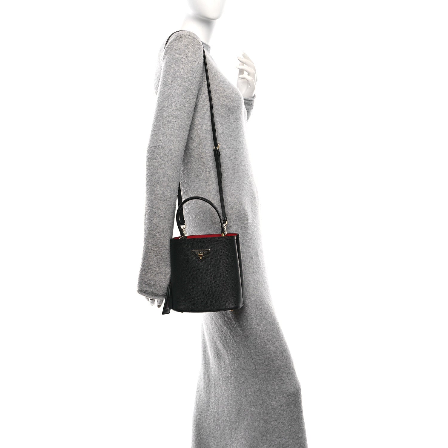 Prada Saffiano Cuir Small Panier Bucket Bag Black Fuoco 2 of 9