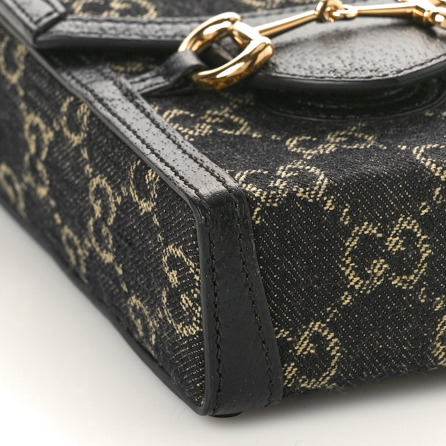 Jacquard Black Denim GG Monogram Textured Dollar Calfskin Mini Horsebit 1955 Crossbody Bag Black Ivory