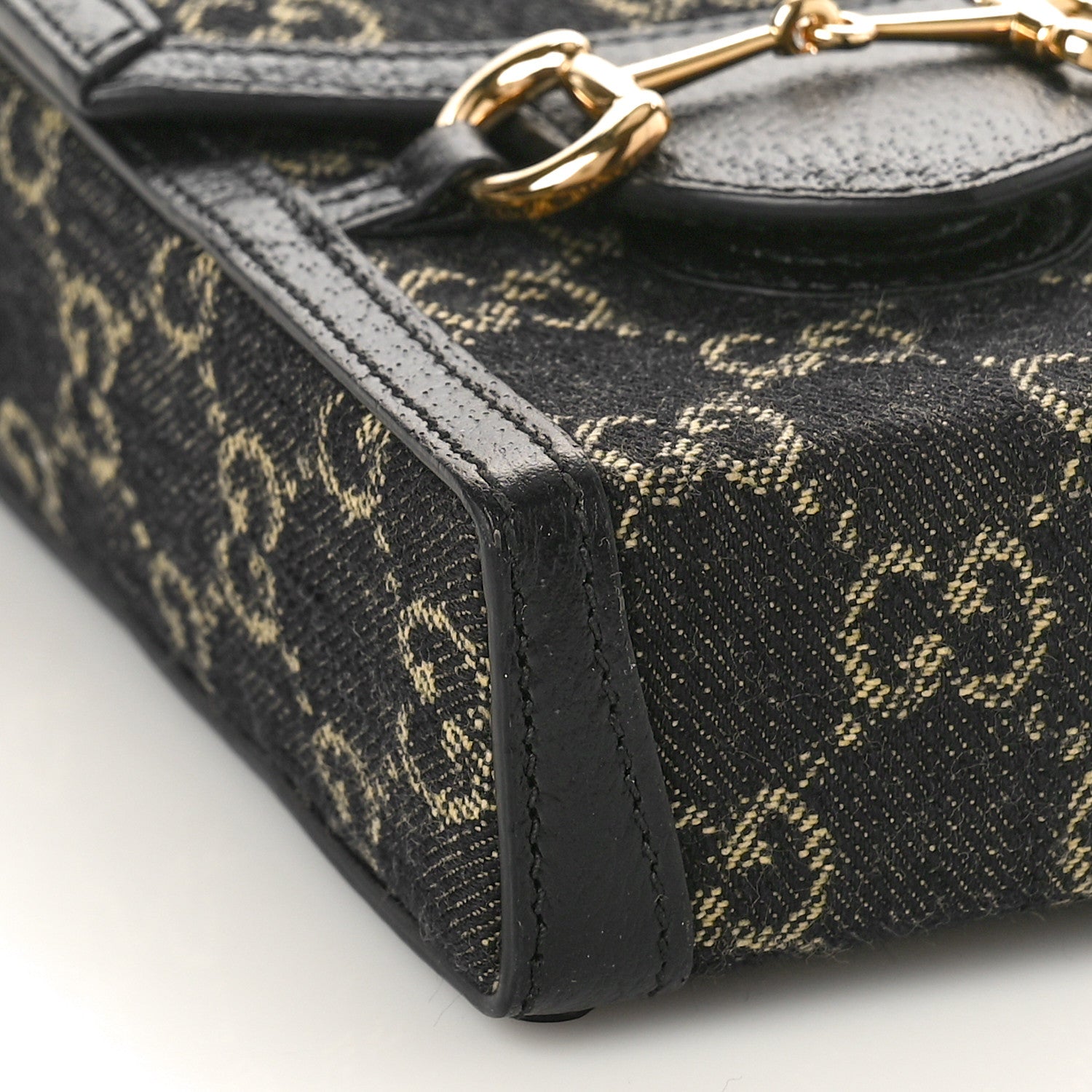 Gucci Jacquard Black Denim GG Monogram Textured Dollar Calfskin Mini Horsebit 1955 Crossbody Bag Black Ivory 8 of 9