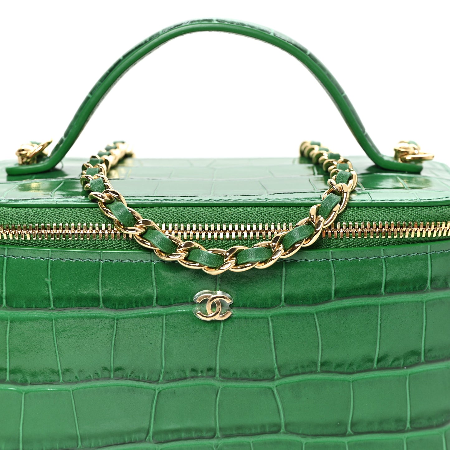 Calfskin Crocodile Embossed Exoticoco Small Top Handle Vanity Case With Chain Emerald