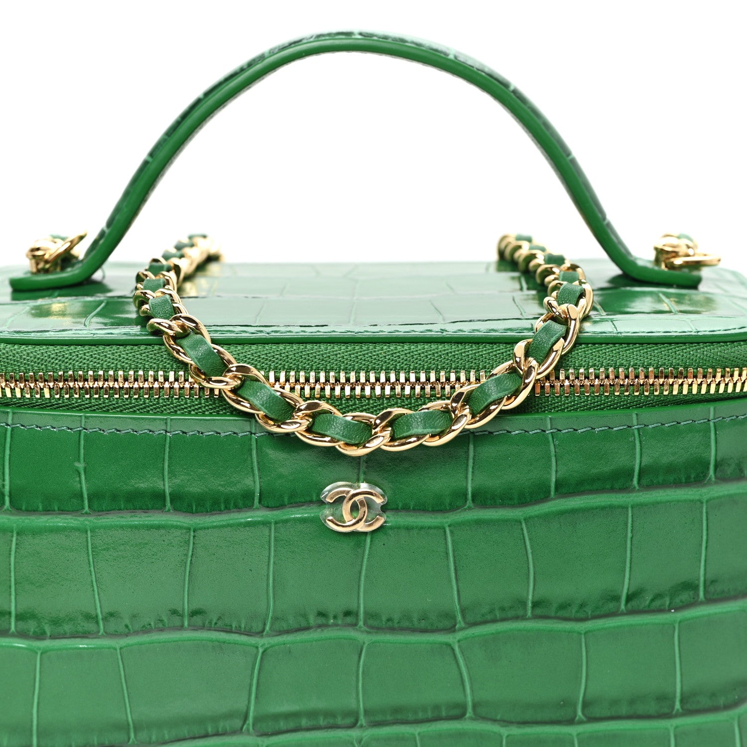 Chanel Calfskin Crocodile Embossed Exoticoco Small Top Handle Vanity Case With Chain Emerald 8 of 11