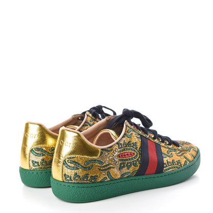 Gucci Jacquard Web Embroidered Womens New Ace Sneakers 37 Gold Green 4 of 8