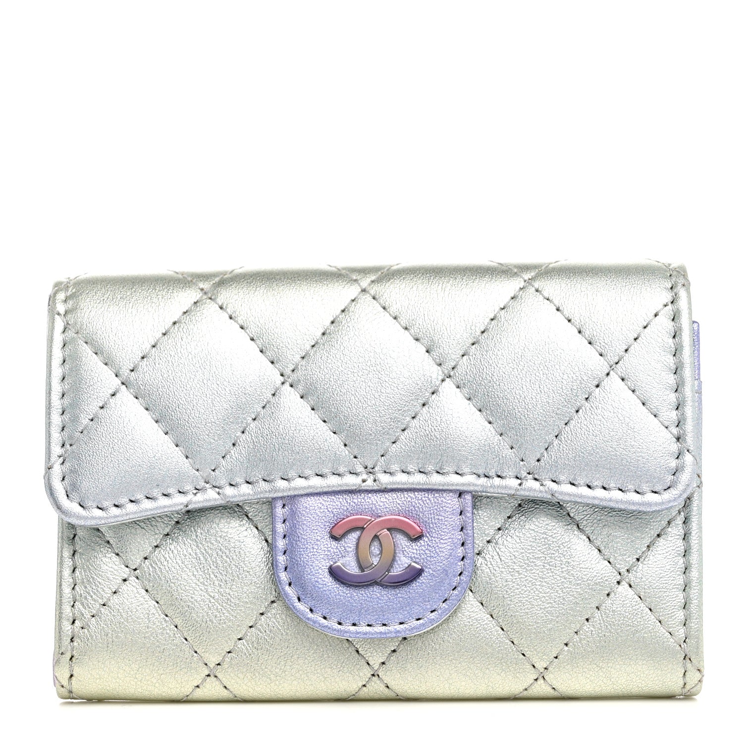Chanel Gradient Metallic Calfskin Quilted Flap Card Holder Wallet Silver Blue Yellow Purple 1 of 9