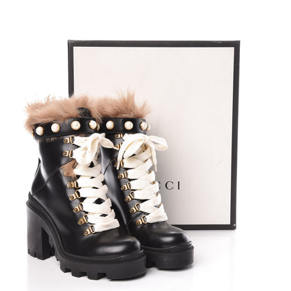 Gucci Magnum Calfskin Fur Pearl Lace Up Combat Ankle Boots 36 Black Naturale 7 of 7