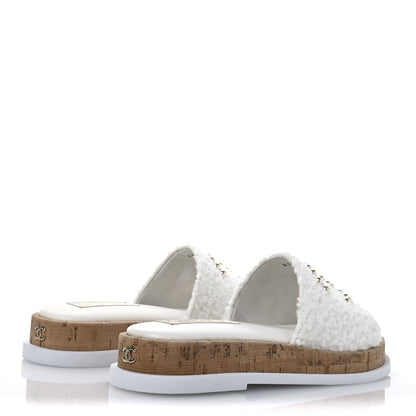 Chanel Fabric Pearl Cork CC Slip On Sandals 38 White 5 of 8
