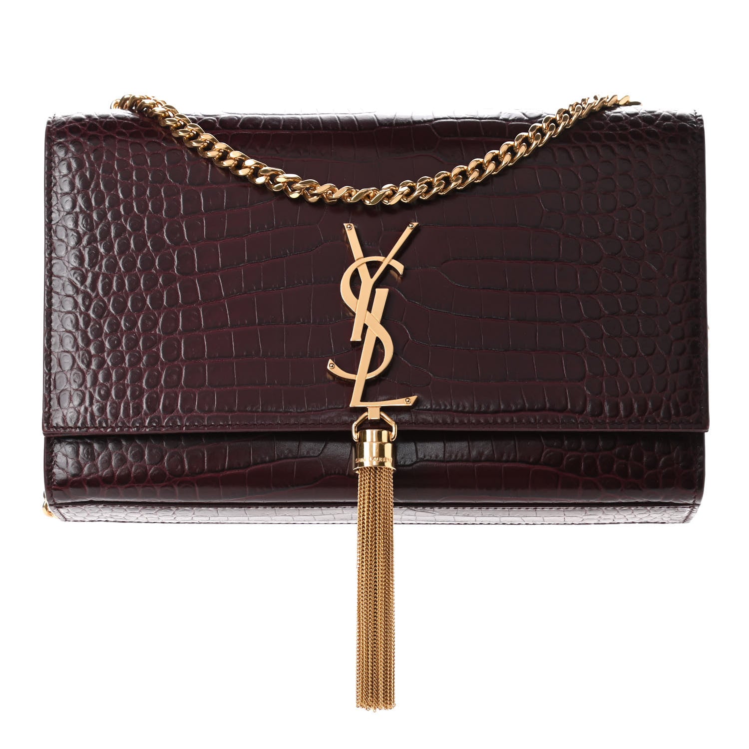 Saint Laurent Calfskin Crocodile Embossed Medium Classic Monogram Kate Tassel Satchel Dark Red 1 of 4