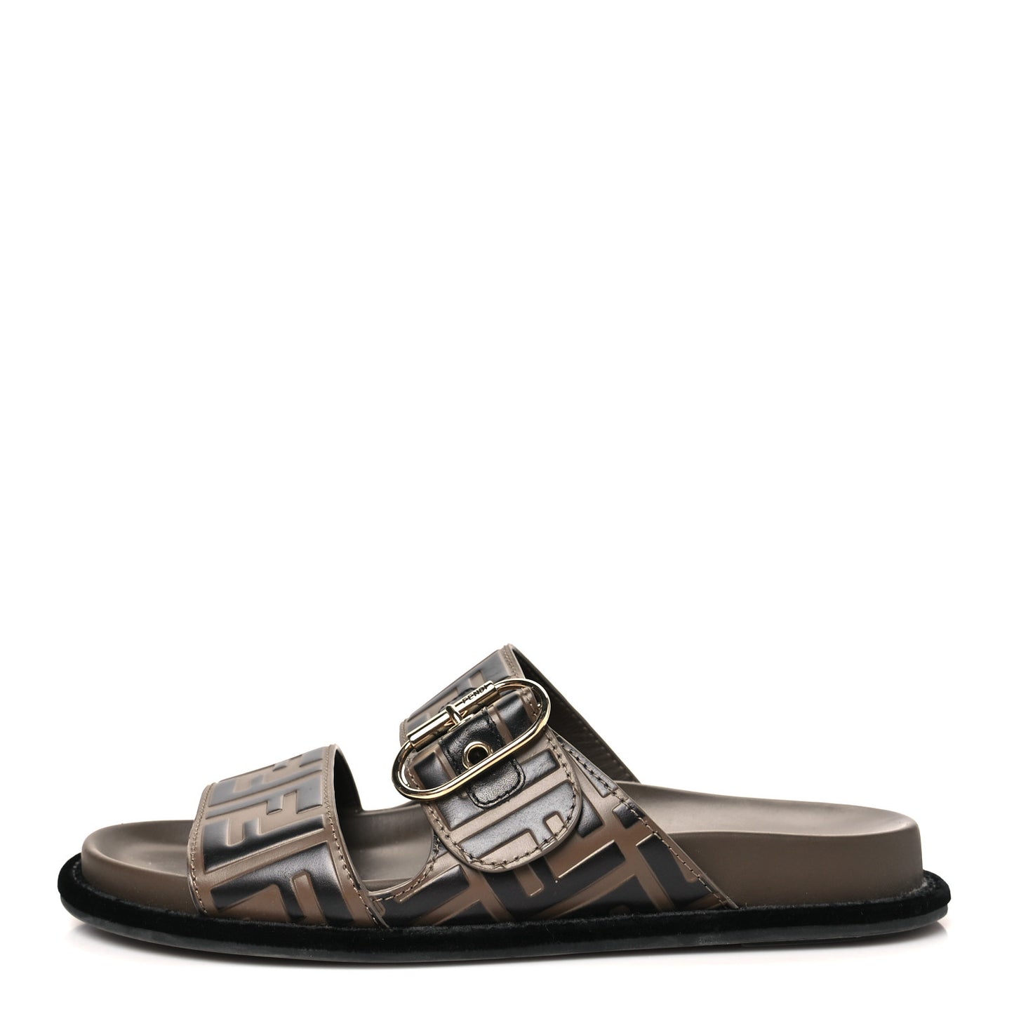 Calfskin FF Embossed Pearland Slide Sandals 38.5 Tobacco Moro