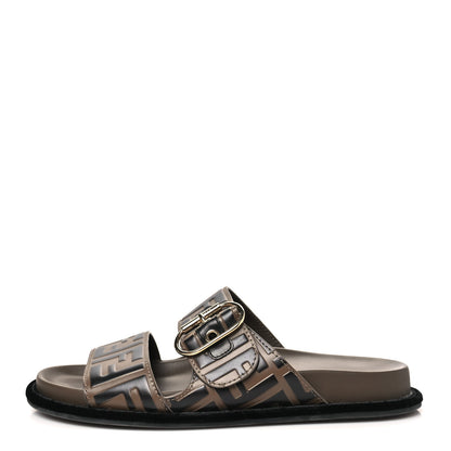 Fendi Calfskin FF Embossed Pearland Slide Sandals 38.5 Tobacco Moro 1 of 8