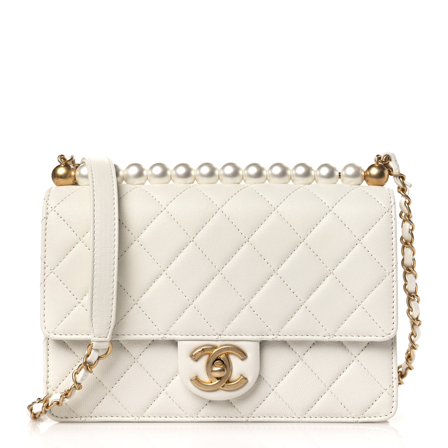 Lambskin Quilted Small Chic Pearls Flap White