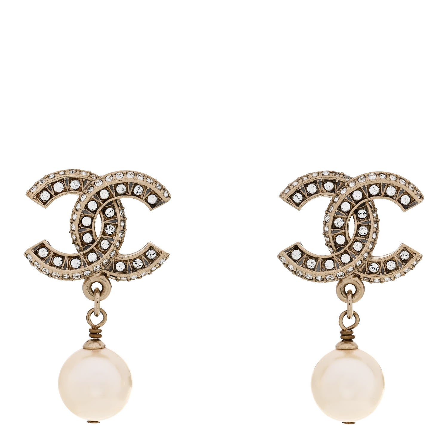 Chanel Crystal Timeless CC Pearl Drop Earrings Light Gold 1 of 6