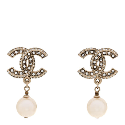 Chanel Crystal Timeless CC Pearl Drop Earrings Light Gold 1 of 6