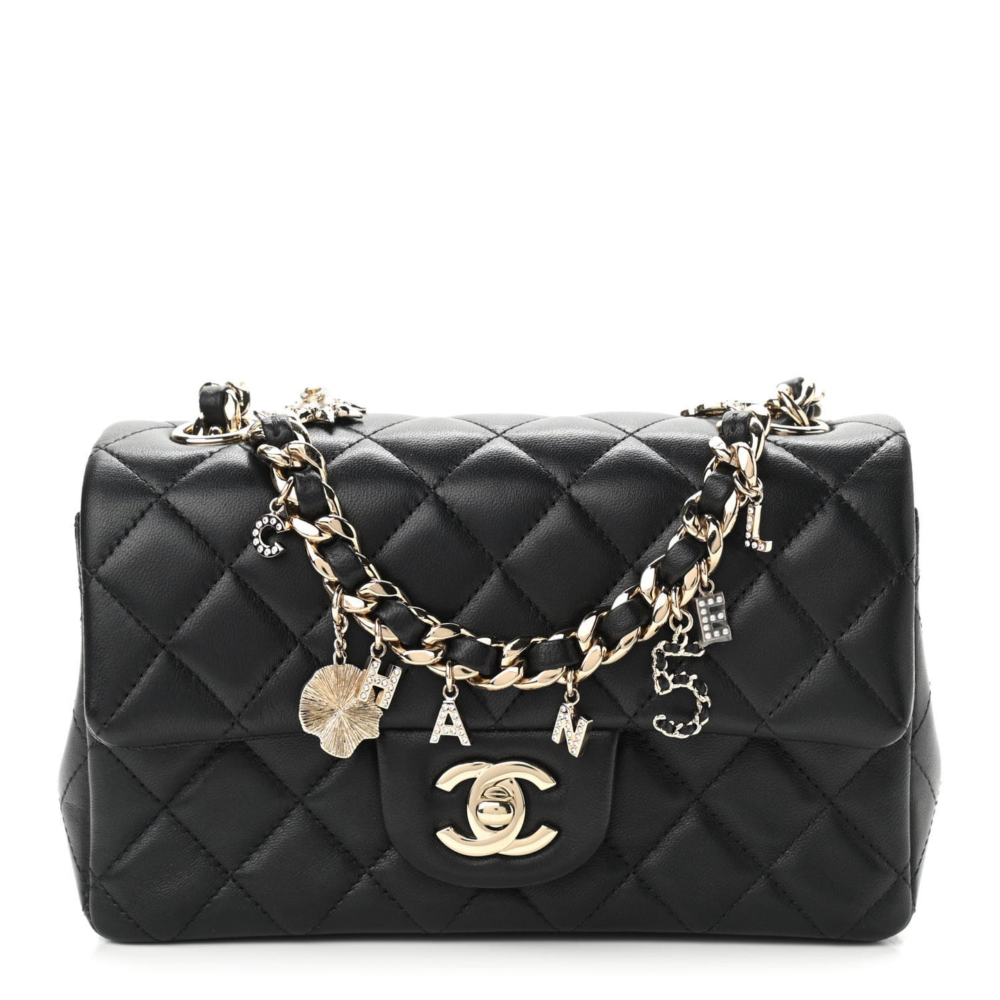 Lambskin Quilted Mini Coco Charms Rectangular Flap Black