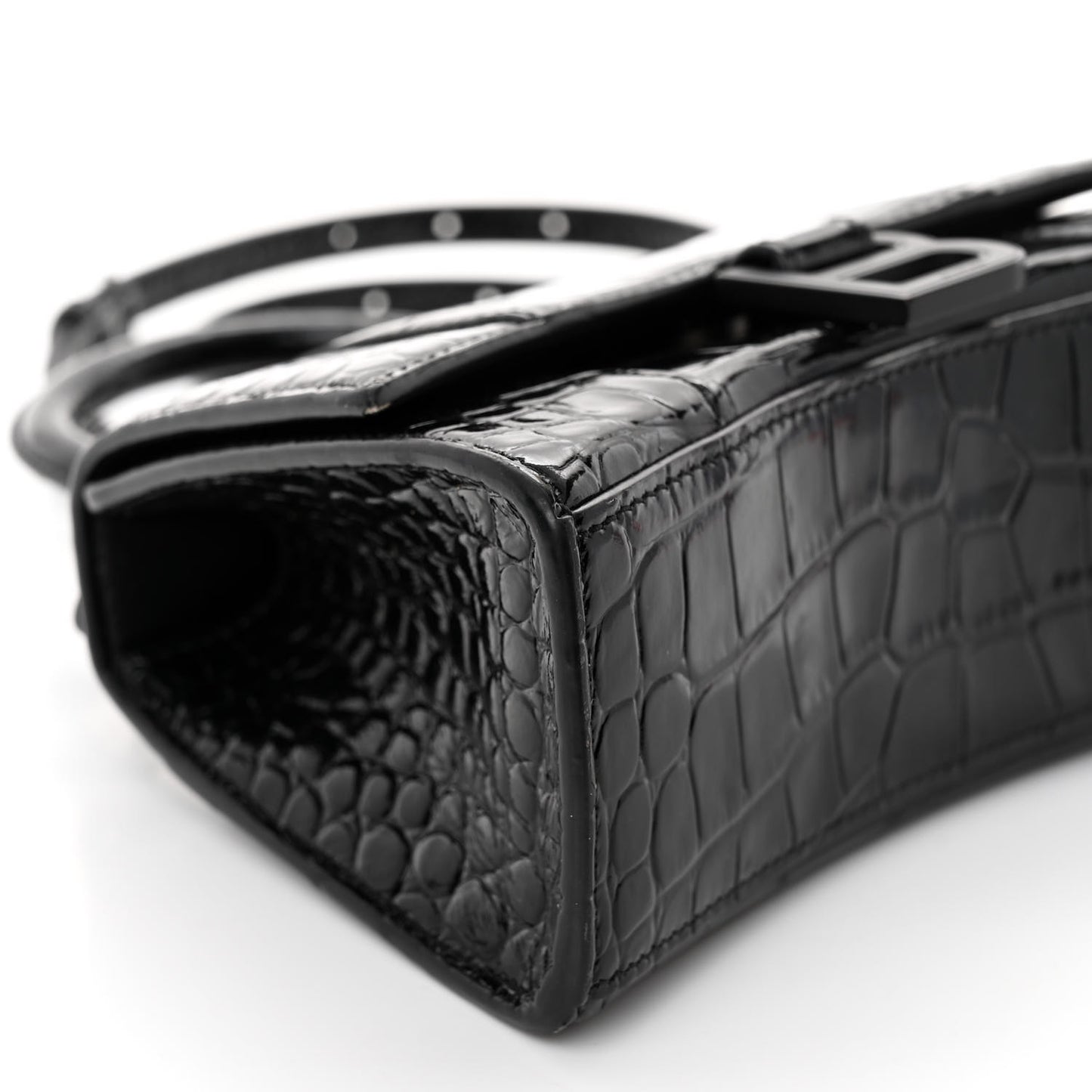 Shiny Calfskin Monochrome Crocodile Embossed Hourglass Top Handle Bag XS Black