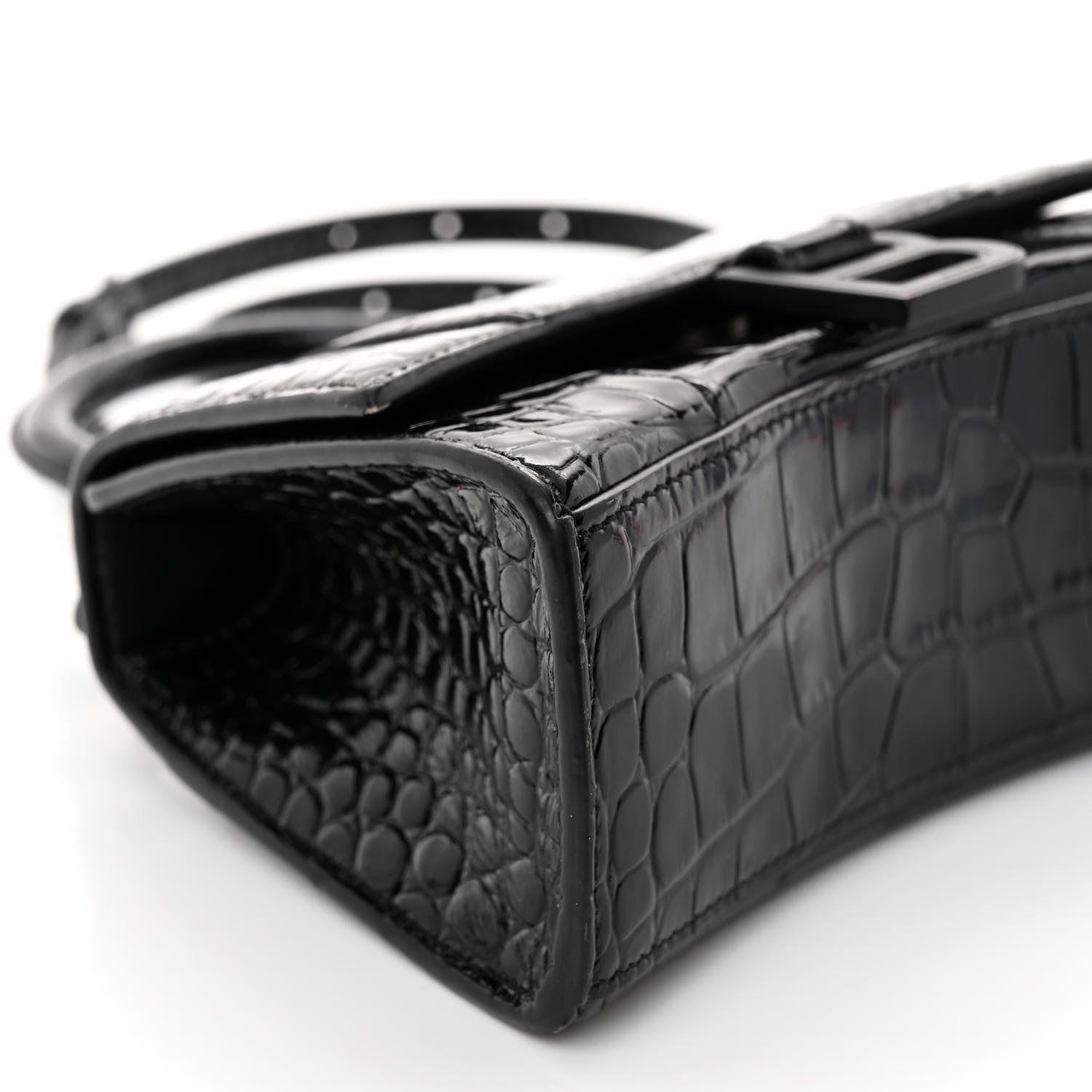 Balenciaga Shiny Calfskin Monochrome Crocodile Embossed Hourglass Top Handle Bag XS Black 8 of 9