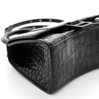 Balenciaga Shiny Calfskin Monochrome Crocodile Embossed Hourglass Top Handle Bag XS Black 8 of 9