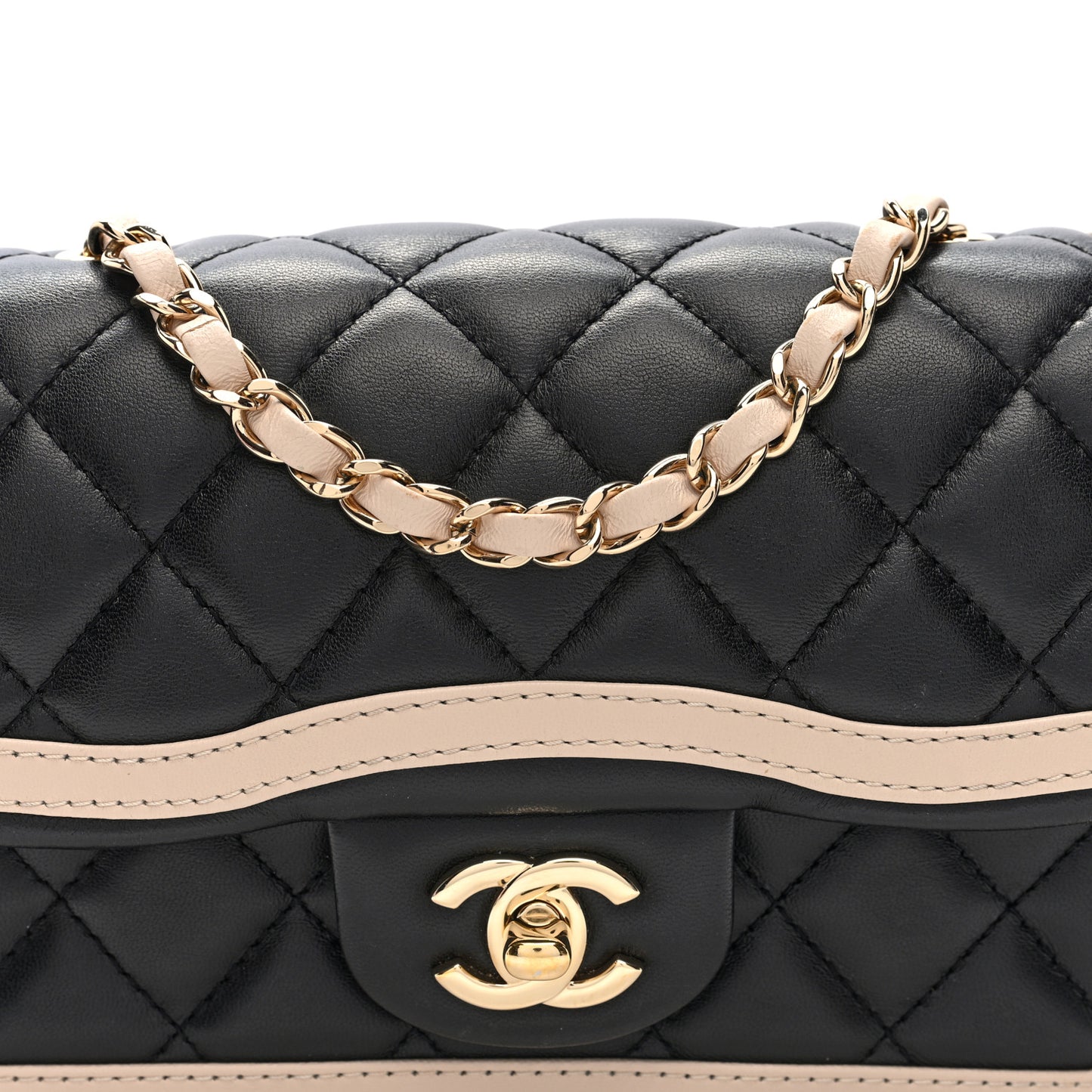 Shiny Lambskin Quilted Half Mini Flap Black Beige