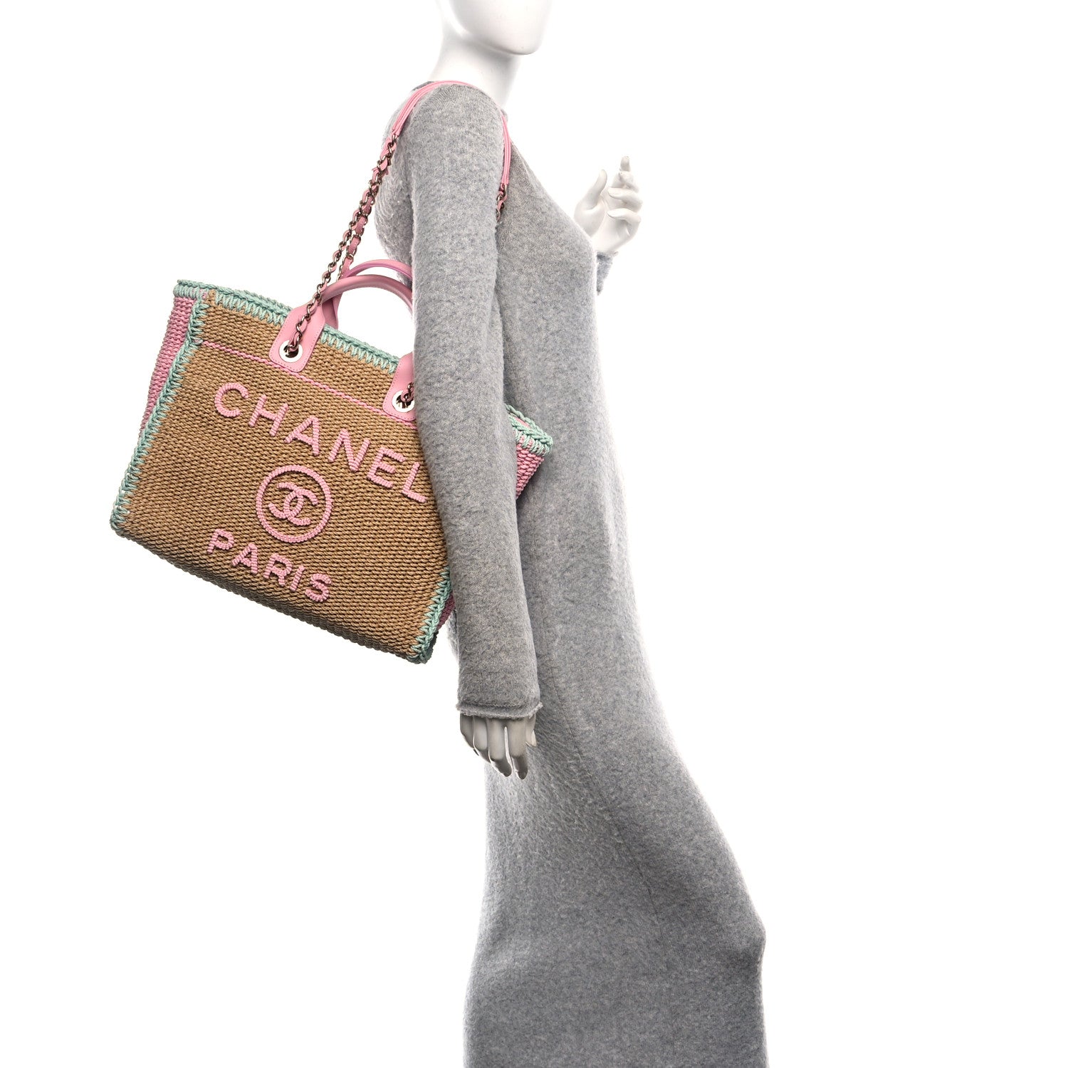 Chanel Raffia Crochet Medium Deauville Tote Beige Light Pink Green 2 of 11