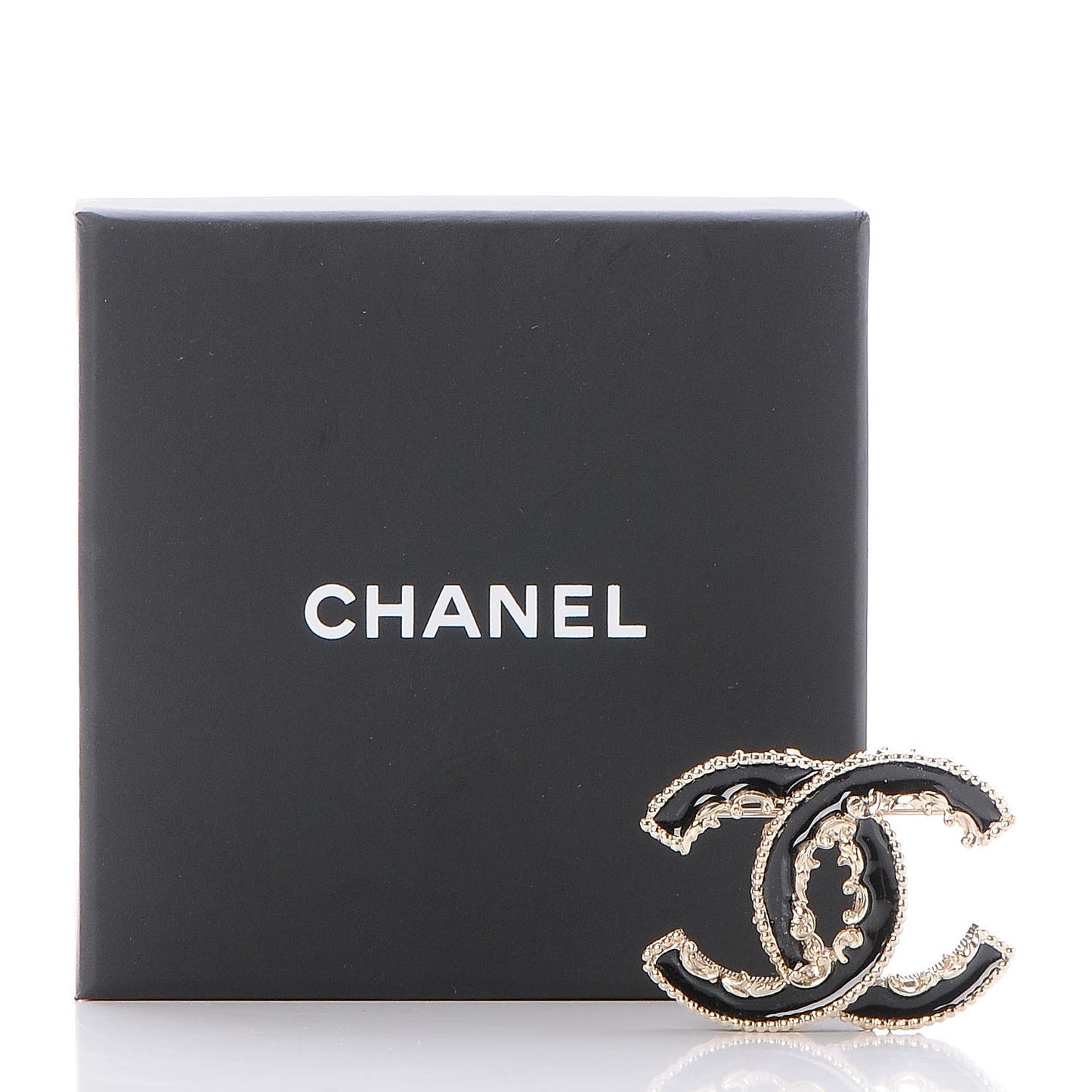 Enamel CC Baroque Brooch Black Gold