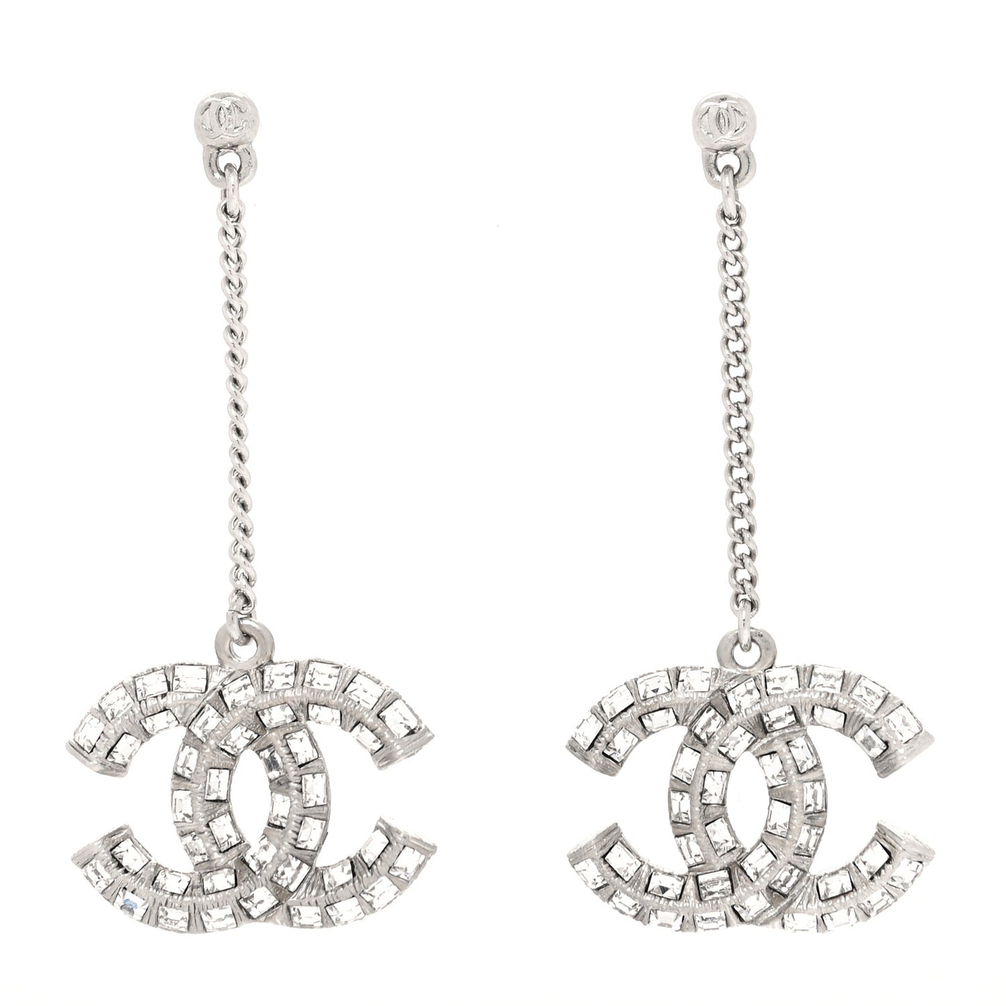 Baguette Crystal CC Drop Earrings Silver