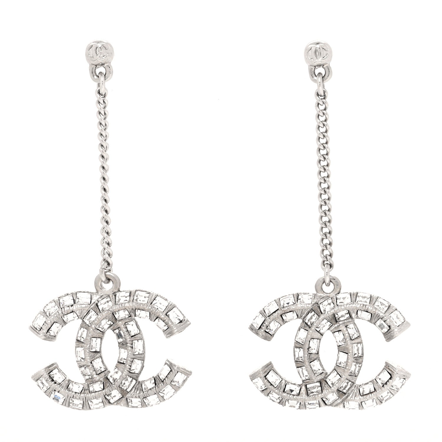 Chanel Baguette Crystal CC Drop Earrings Silver 1 of 3
