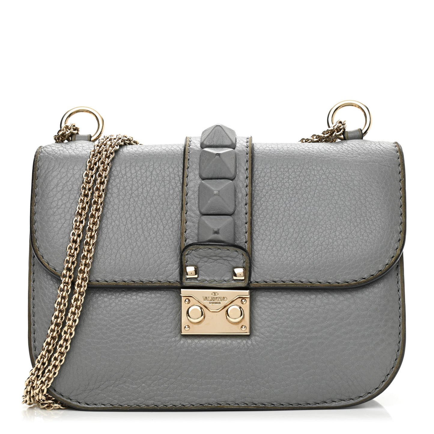 Pebbled Calfskin Small Glam Lock Rockstud Flap Gray