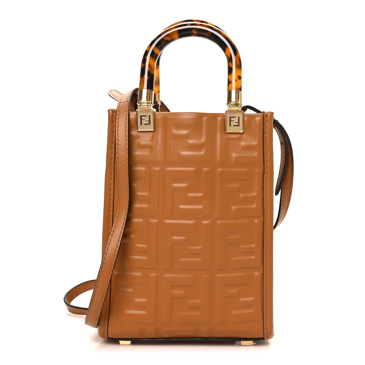 Fendi Vitello Plexiglass FF Embossed Mini Fendi Sunshine Shopper Tote Caramello 1 of 10