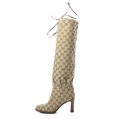 Gucci Monogram Malaga Kid Lisa Mid Heel Boots 35.5 Beige Ebony 1 of 8
