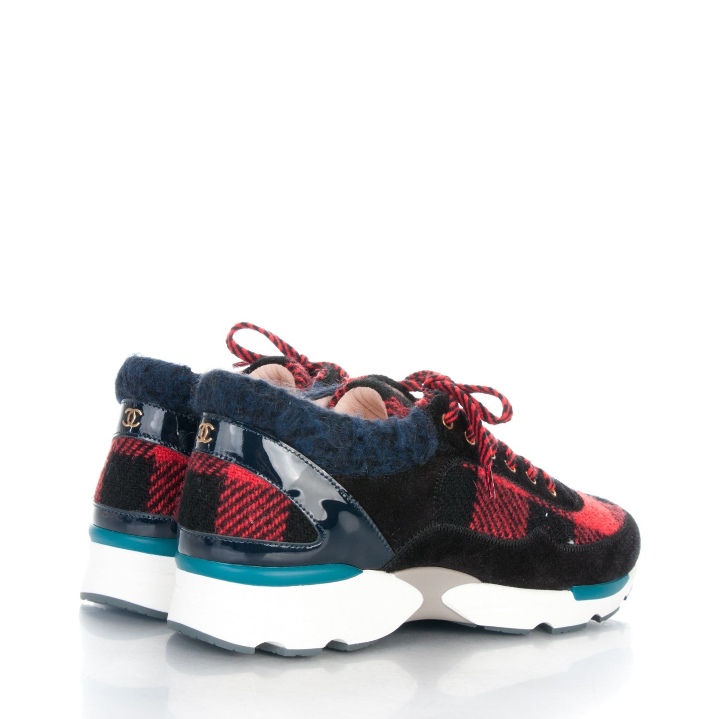 Tweed Suede Patent Calfskin Sneakers 36 Red Black Navy