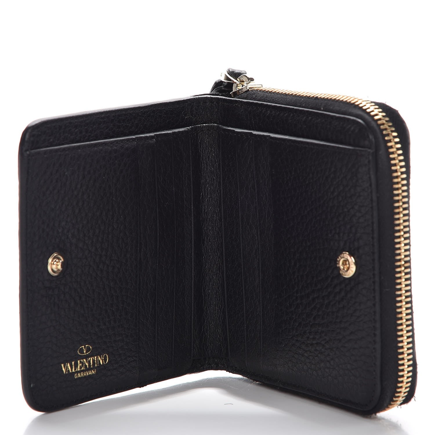 Valentino Garavani Pebbled Calfskin Rockstud Compact Zip Around Wallet Black 5 of 10