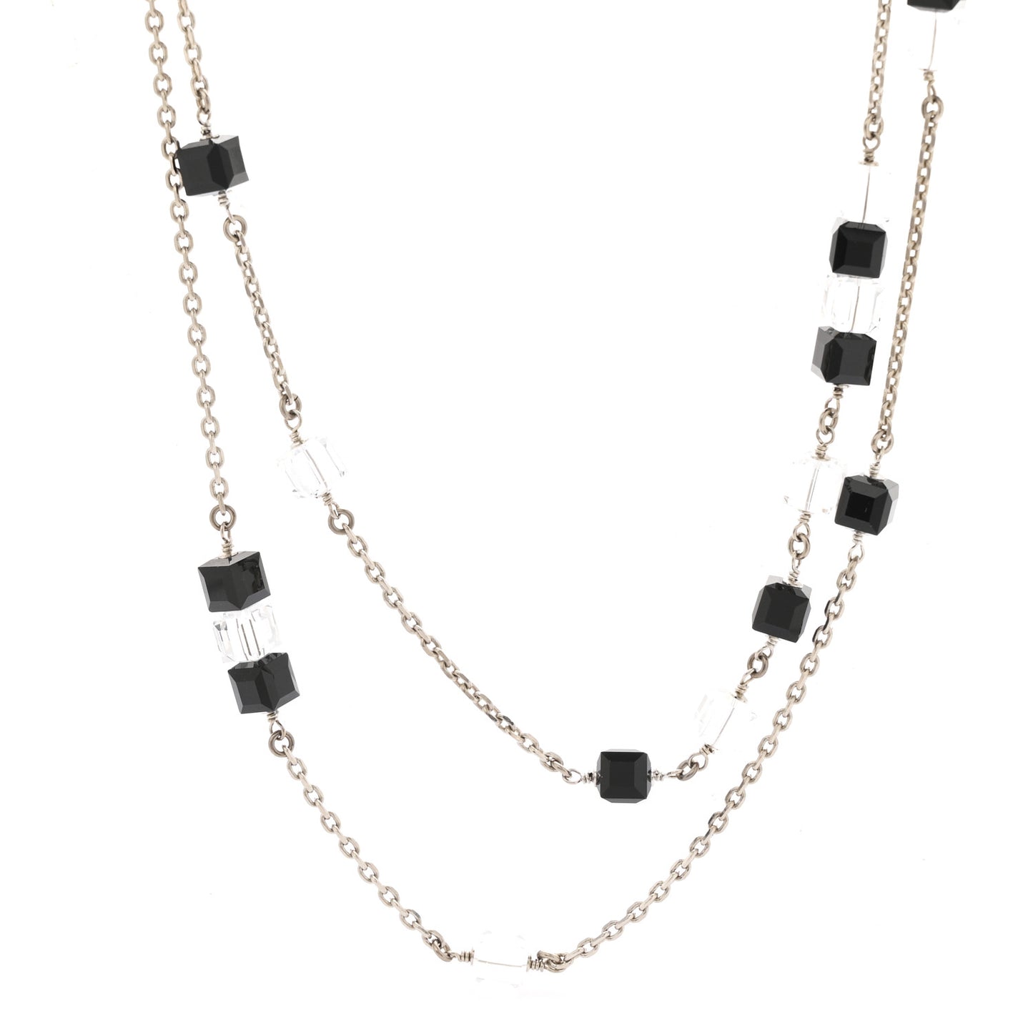 Crystal Bead CC Long Necklace Silver Black Transparent