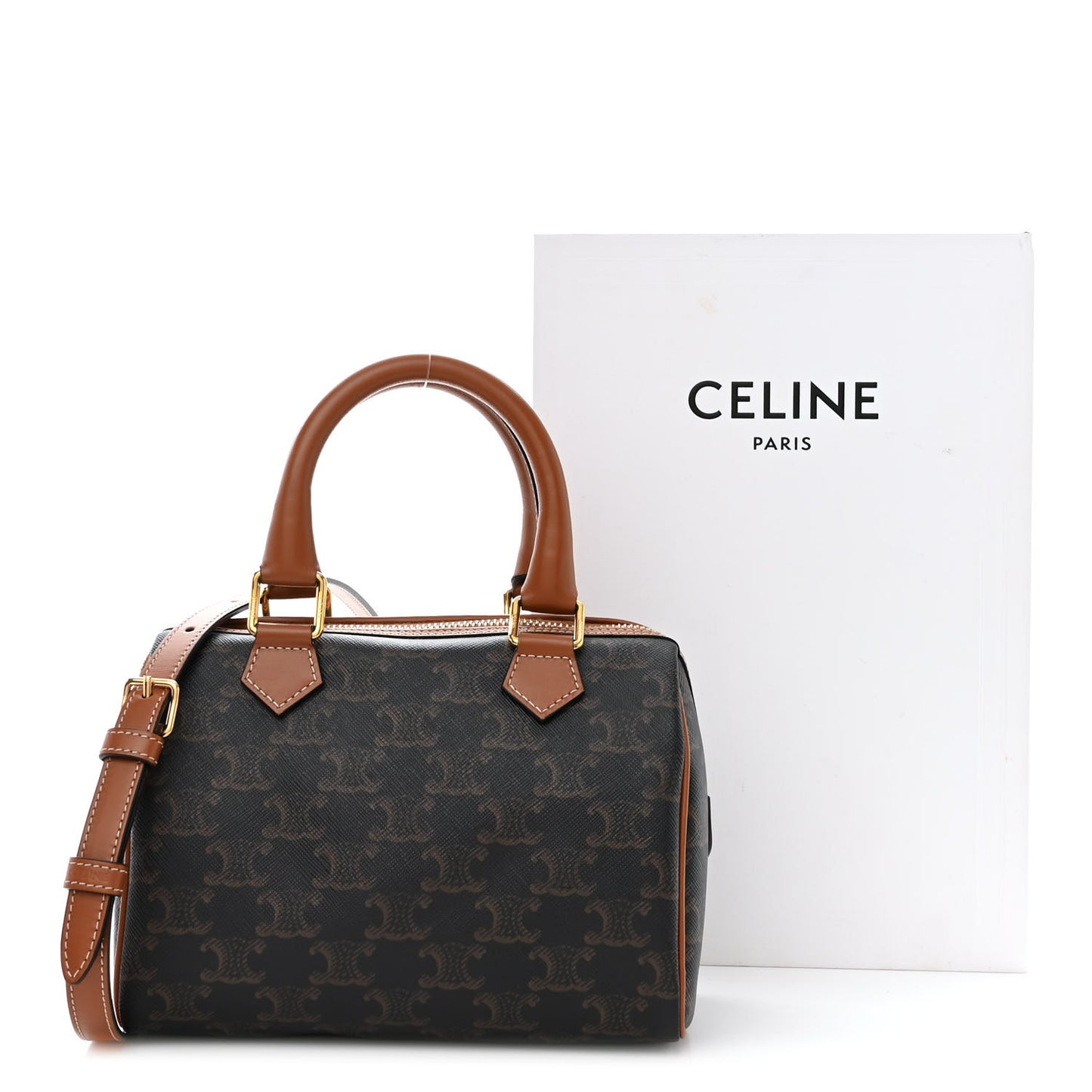 Triomphe Canvas Calfskin Small Boston Bag Tan