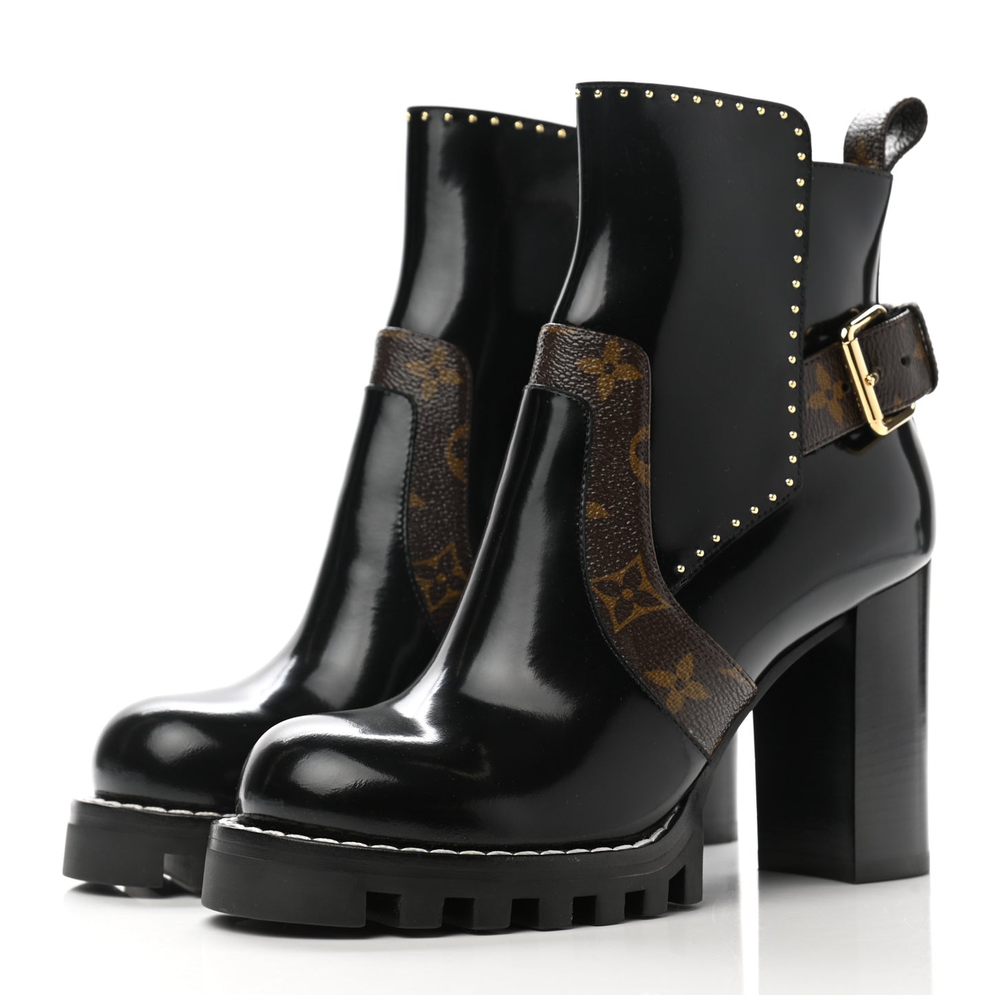 Glazed Calfskin Monogram Embellished Star Trail Ankle Boots 37 Black