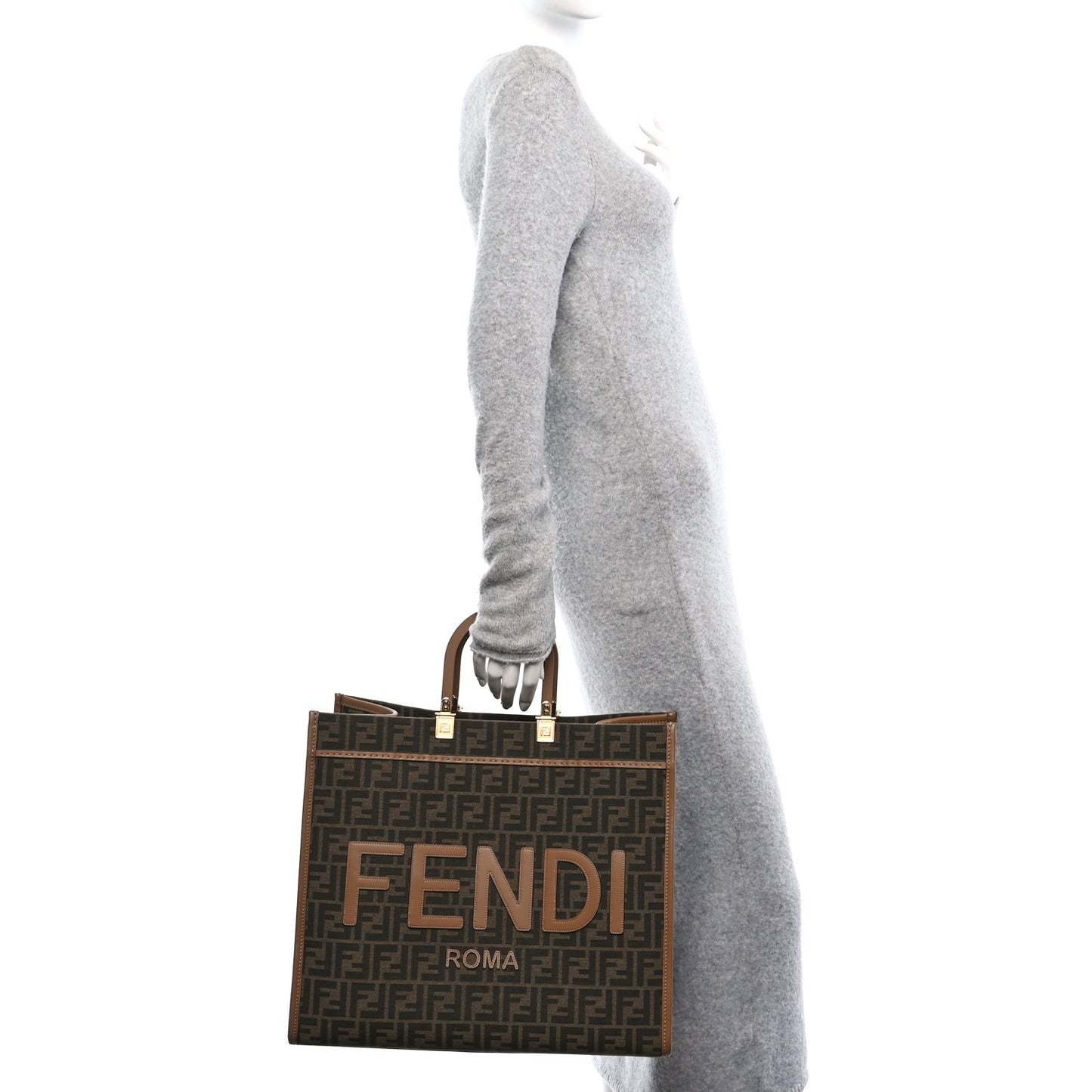 Fabric Jacquard FF 1974 Logo Large Fendi Sunshine Shopper Tote Tobacco Moro Sand