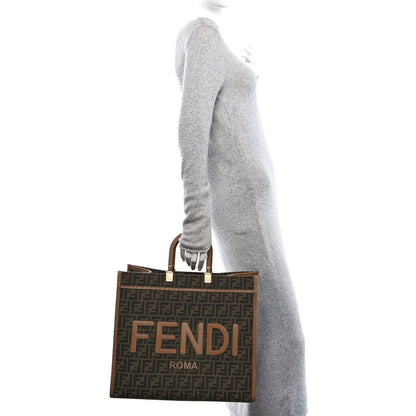 Fendi Fabric Jacquard FF 1974 Logo Large Fendi Sunshine Shopper Tote Tobacco Moro Sand 2 of 12