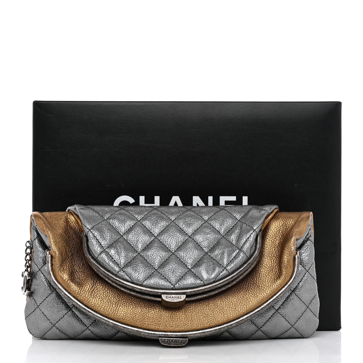Chanel Metallic Goatskin Quilted Frame Clasp Flap Clutch Silver Gold 9 of 9