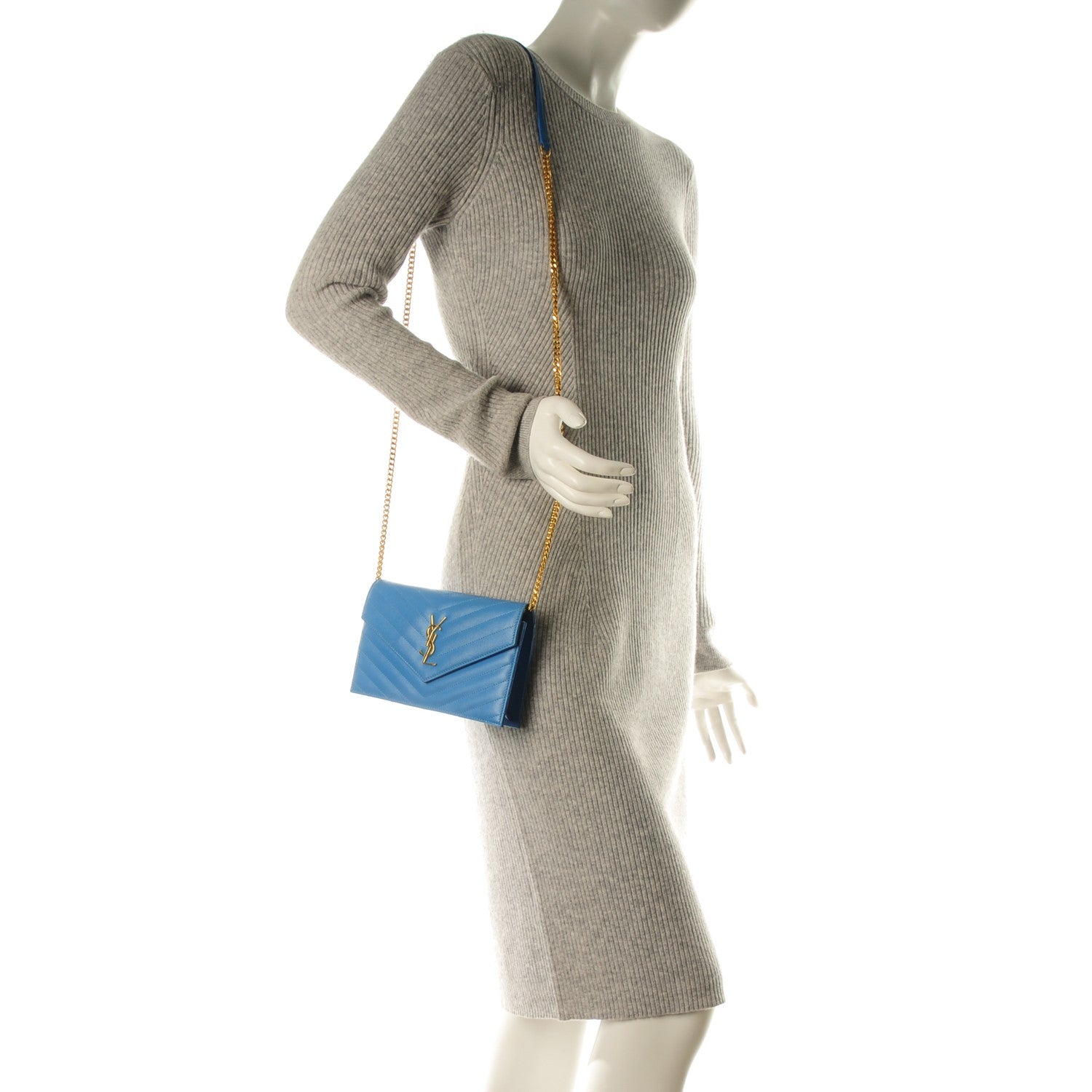 Saint Laurent Grain De Poudre Matelasse Chevron Monogram Envelope Chain Wallet Blue Clair 2 of 7