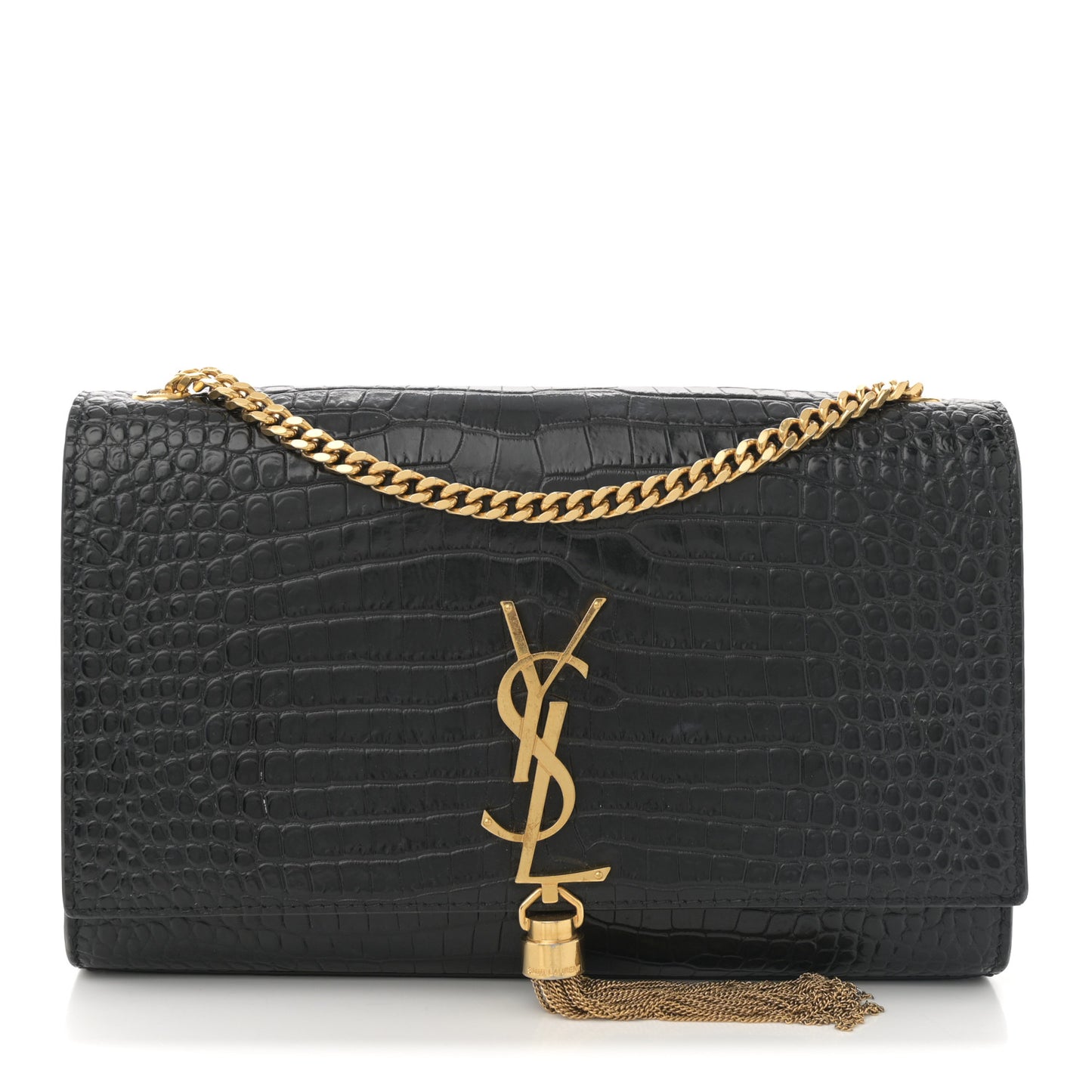 Calfskin Crocodile Embossed Medium Classic Monogram Kate Tassel Satchel Black