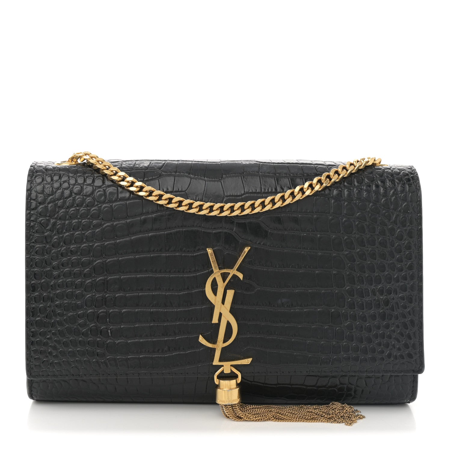 Saint Laurent Calfskin Crocodile Embossed Medium Classic Monogram Kate Tassel Satchel Black 1 of 10