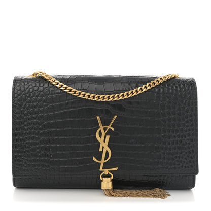 Saint Laurent Calfskin Crocodile Embossed Medium Classic Monogram Kate Tassel Satchel Black 1 of 10