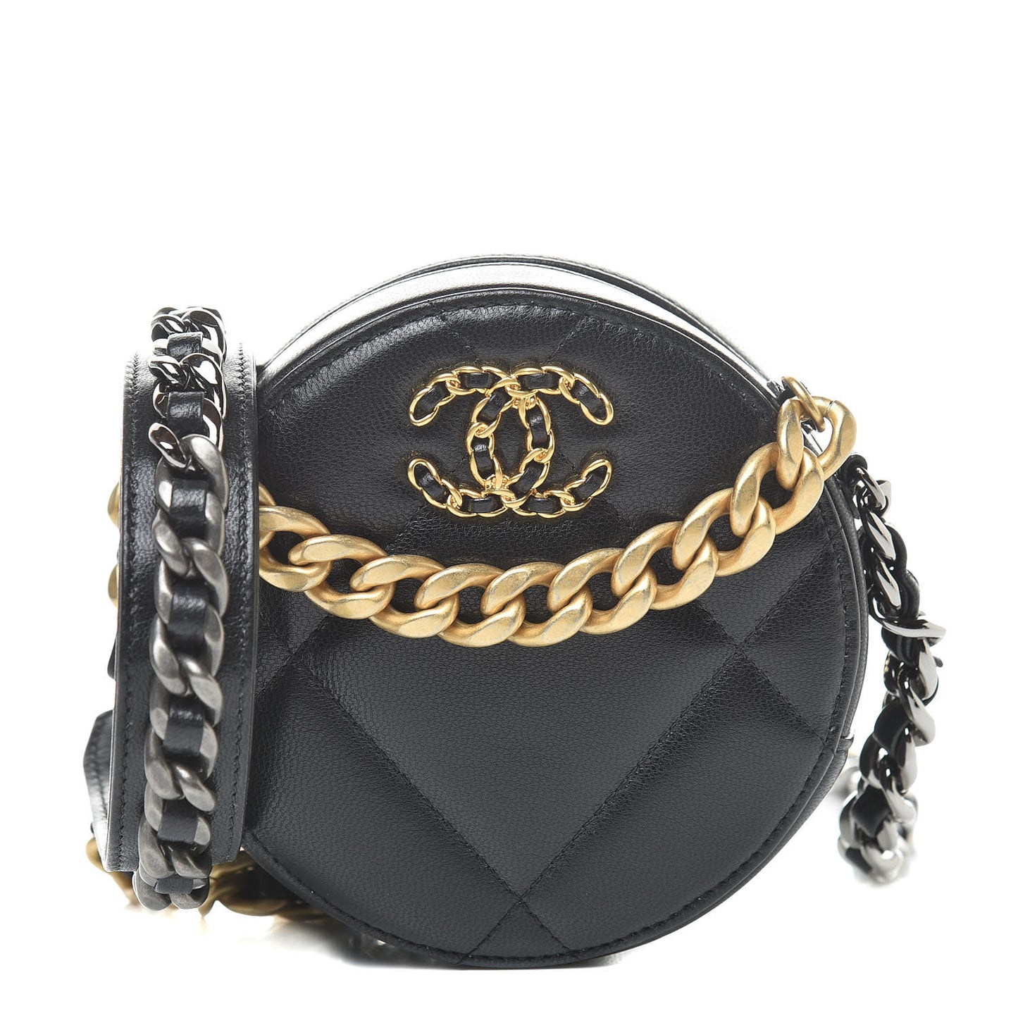 Lambskin Quilted 19 Round Clutch With Chain Black