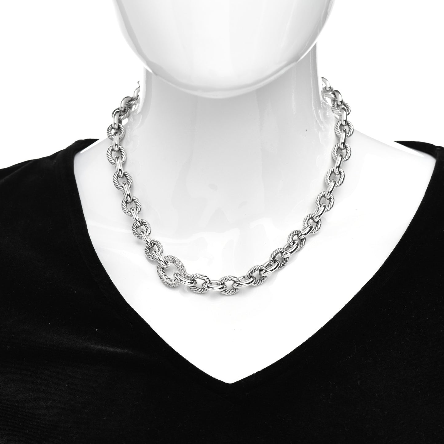 Sterling Silver Diamond Pave 15mm Large Oval Link Necklace