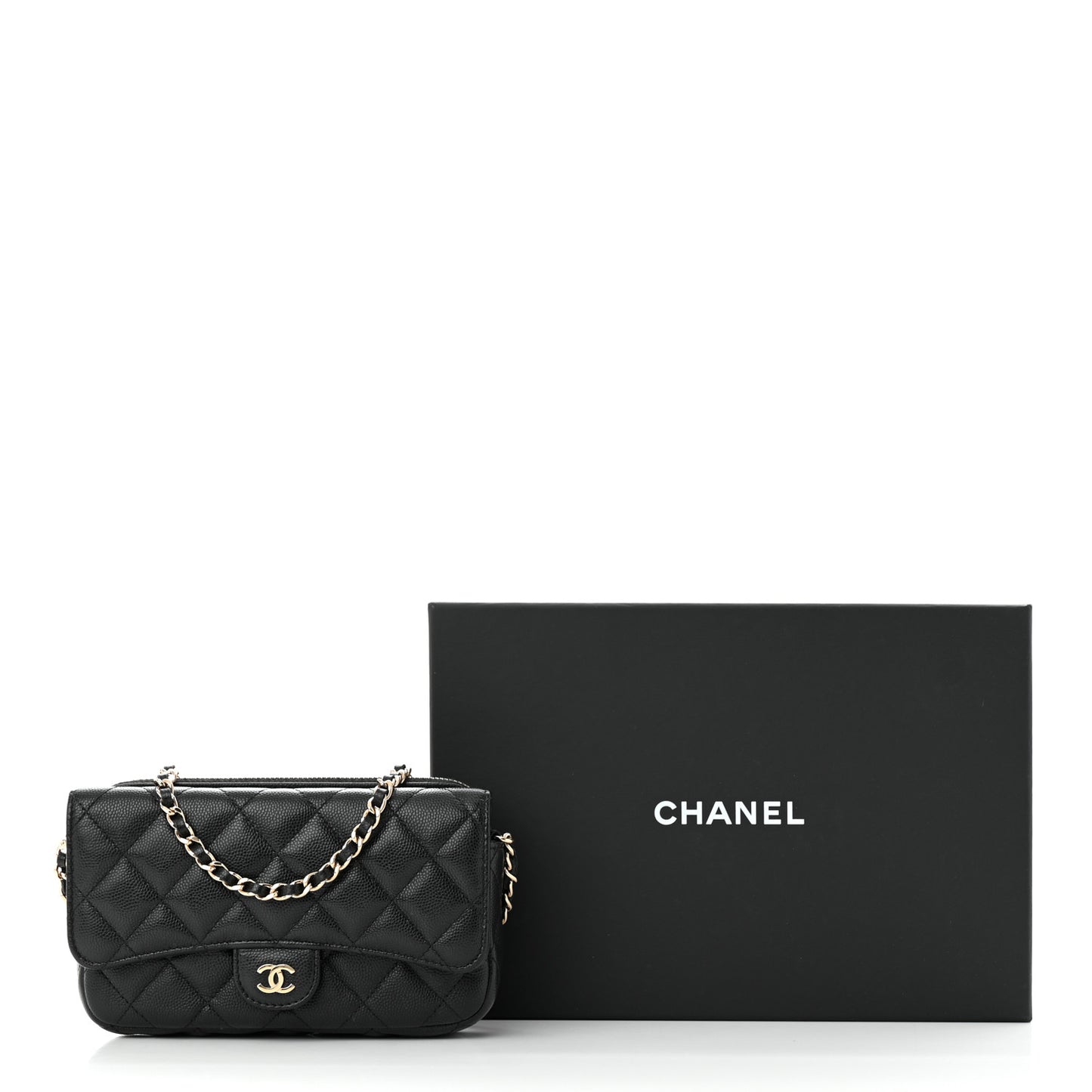 Caviar Quilted Flap Phone Holder With Chain Black