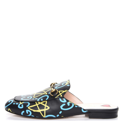 Gucci Calfskin GucciGhost Print Womens Princetown Slippers 38.5 Black New Acquamarine 1 of 9