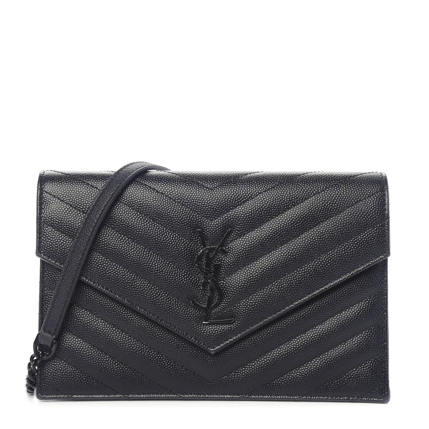 Saint Laurent Grain De Poudre Matelasse Chevron Monogram Envelope Chain Wallet Black 1 of 10