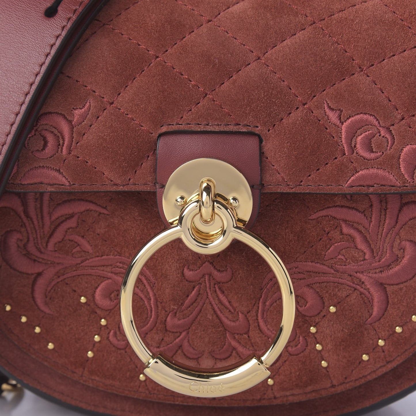 Suede Calfskin Quilted Embroidered Small Tess Saddle Bag Reddish Brown