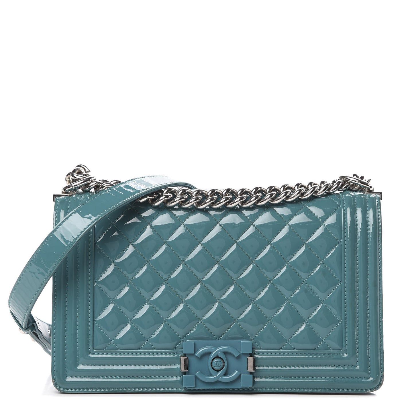 Patent Calfskin Quilted Medium Plexiglass Boy Flap Turquoise