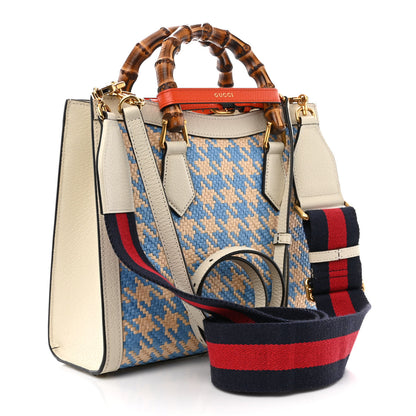 Gucci Raffia Textured Dollar Calfskin Web Houndstooth Small Diana Tote Bag Light Blue Natural Deep Orange 3 of 14