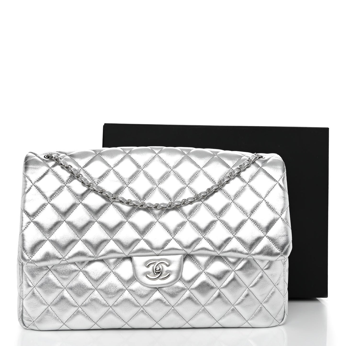Metallic Lambskin Quilted XXL Travel Flap Bag Silver